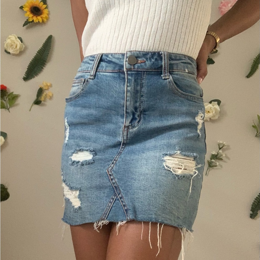 Black Label High-Waist Destressed Denim Skirt